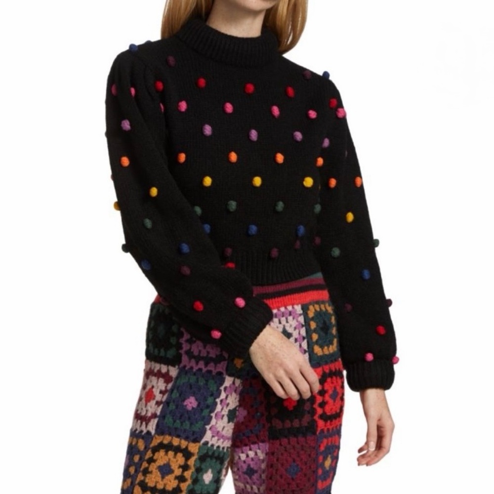FARM RIO Rainbow Dot Pom Pom Sweater Black & Multicolor - EUC, Large - Picture 2 of 16